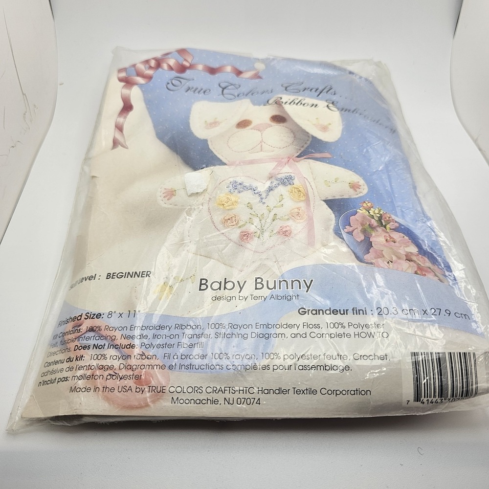 NEW Baby Bunny Stuffed Animal Kit Ribbon Embroidery 8" x 11" Easter Flowers